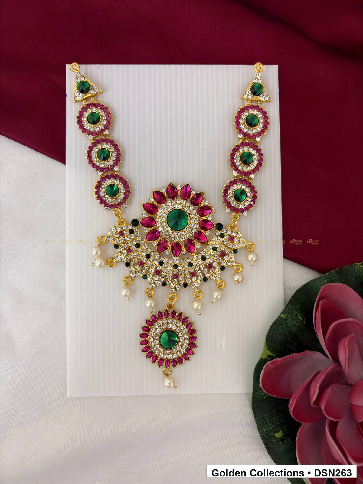 Round Sunburst Medallion White Bead Fringe Deity Short Necklace for Idol Alankaram full product view for deity idol alankaram