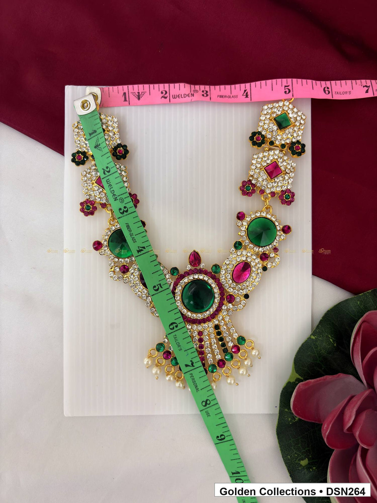 Alternate product view of Mixed-Shape Double-Medallion White Bead Fringe Deity Short Necklace for Idol Alankaram for deity idol alankaram