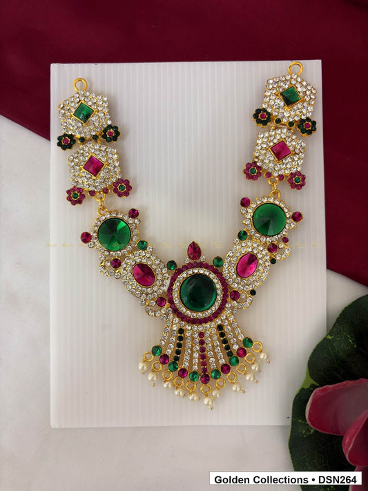 Mixed-Shape Double-Medallion White Bead Fringe Deity Short Necklace for Idol Alankaram full product view for deity idol alankaram