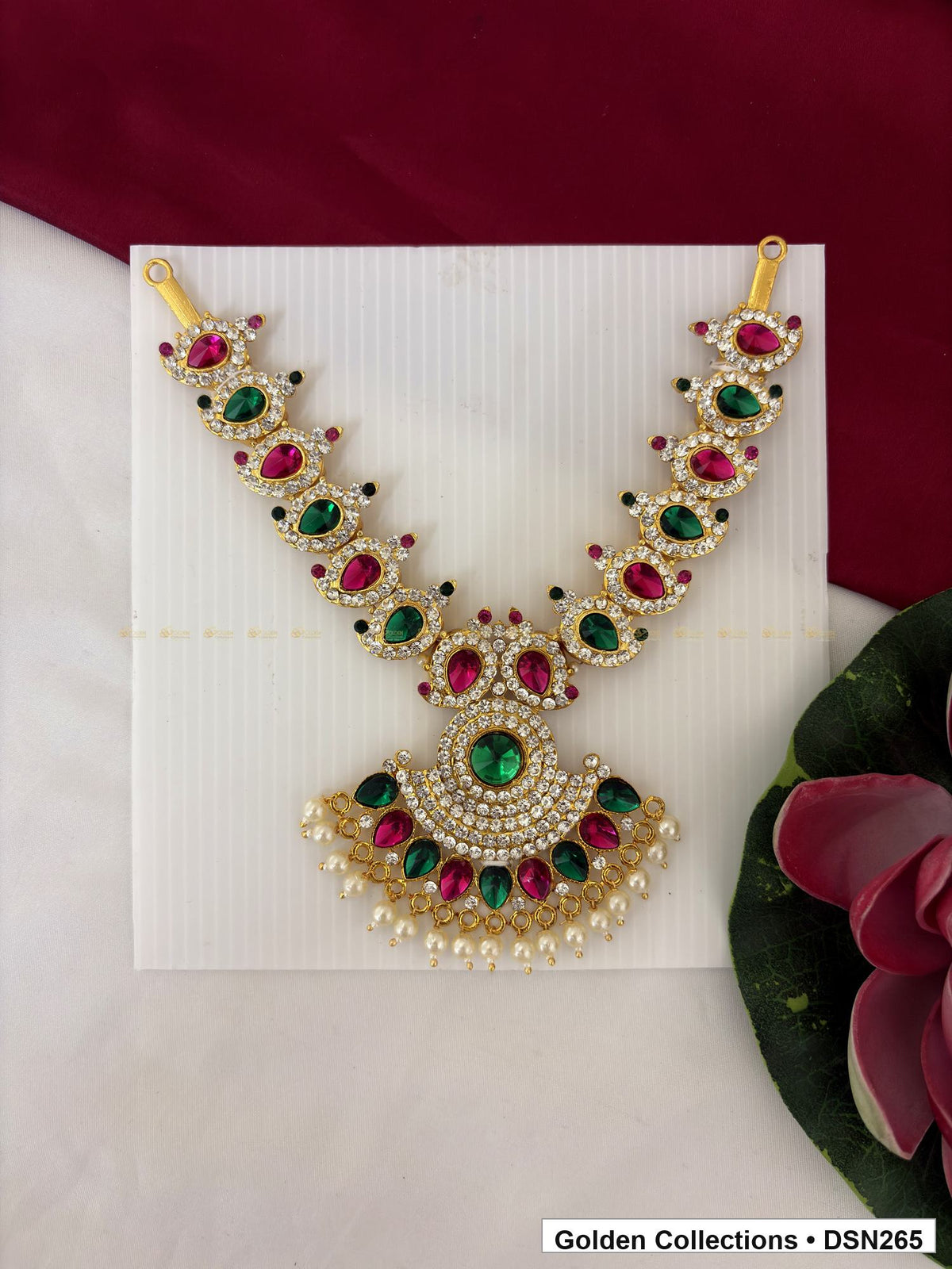 Alternating Paisley Round-Center White Bead Fringe Deity Short Necklace for Idol Alankaram full product view for deity idol alankaram