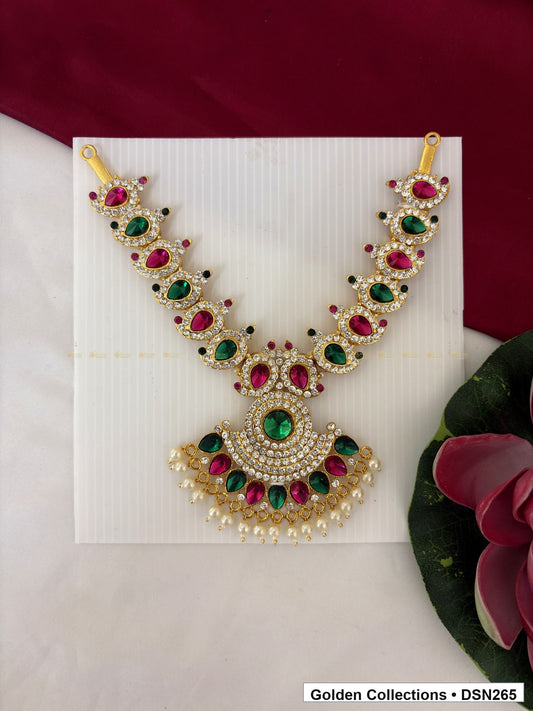 Alternating Paisley Round-Center White Bead Fringe Deity Short Necklace for Idol Alankaram full product view for deity idol alankaram