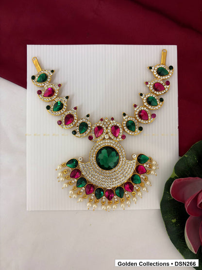 Alternating Oval Broad Crescent White Bead Fringe Deity Short Necklace for Idol Alankaram full product view for deity idol alankaram