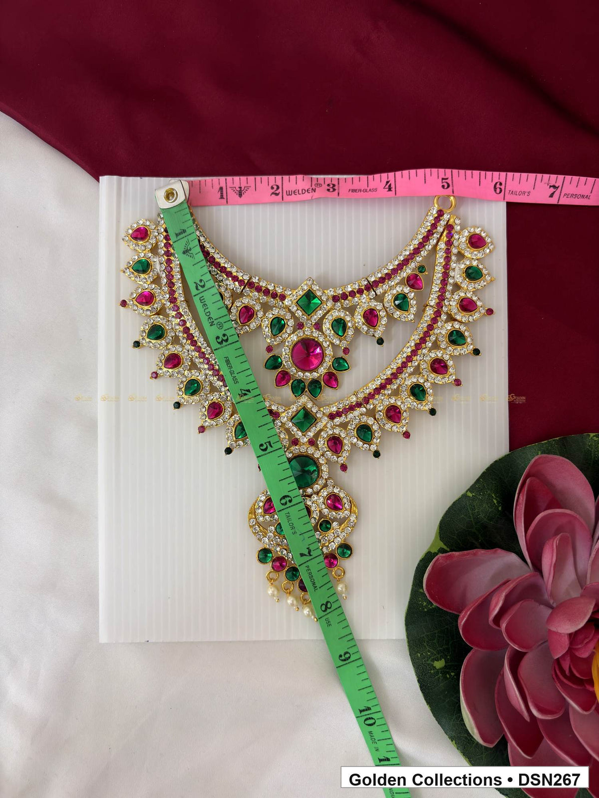 Alternate product view of Layered Red and Green Teardrop Pendant Deity Short Necklace for Idol Alankaram for deity idol alankaram
