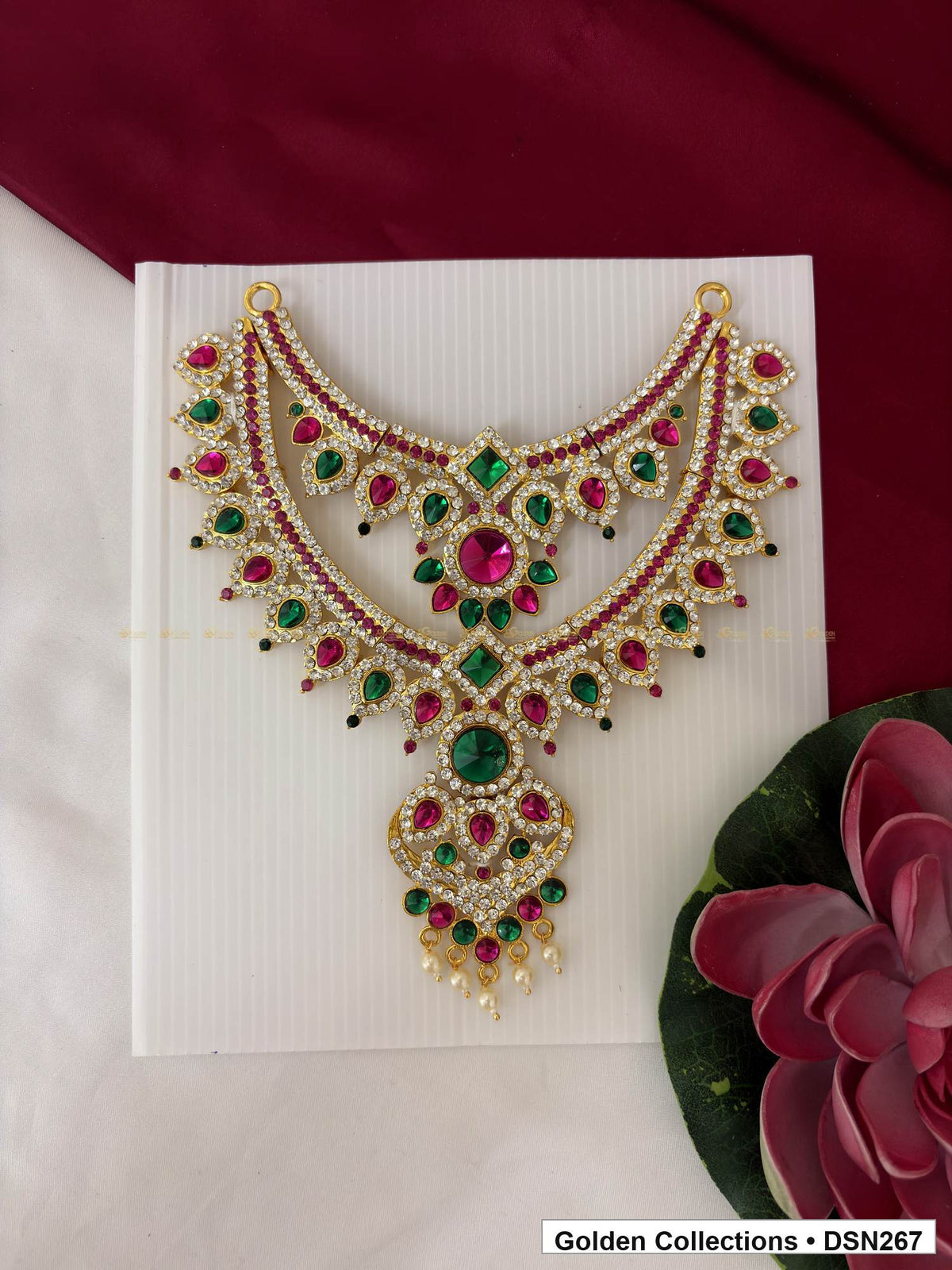 Layered Red and Green Teardrop Pendant Deity Short Necklace for Idol Alankaram full product view for deity idol alankaram