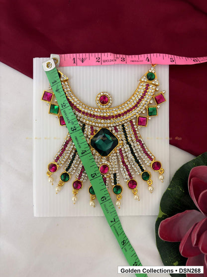Alternate product view of Green Square Center Radiating Fringe Deity Short Necklace for Idol Alankaram for deity idol alankaram