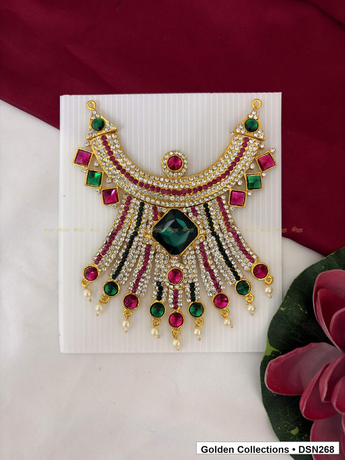 Green Square Center Radiating Fringe Deity Short Necklace for Idol Alankaram full product view for deity idol alankaram