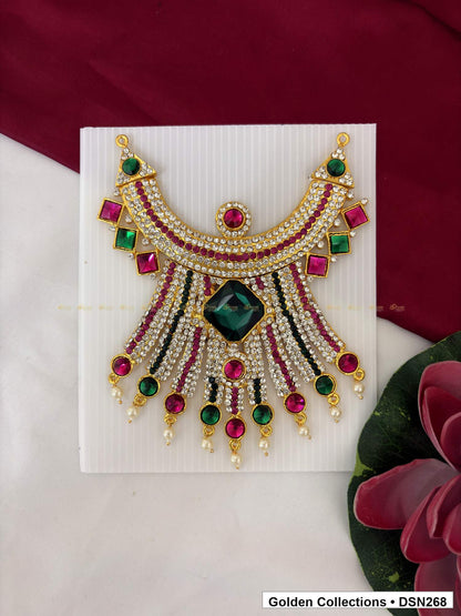 Green Square Center Radiating Fringe Deity Short Necklace for Idol Alankaram full product view for deity idol alankaram