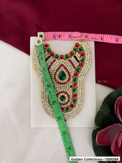 Alternate product view of Green Teardrop and Round Medallion Bib Deity Short Necklace for Idol Alankaram for deity idol alankaram