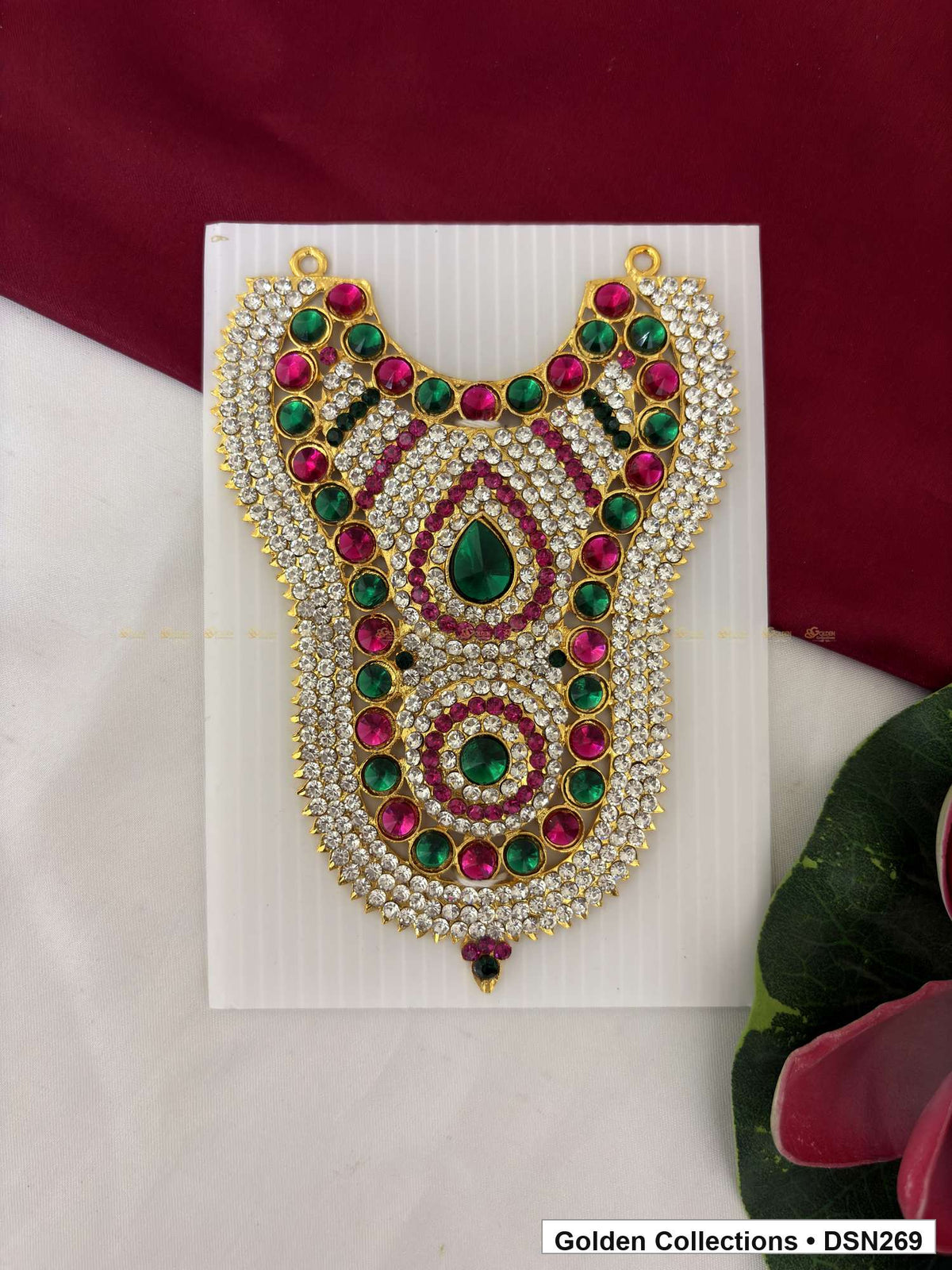 Green Teardrop and Round Medallion Bib Deity Short Necklace for Idol Alankaram full product view for deity idol alankaram