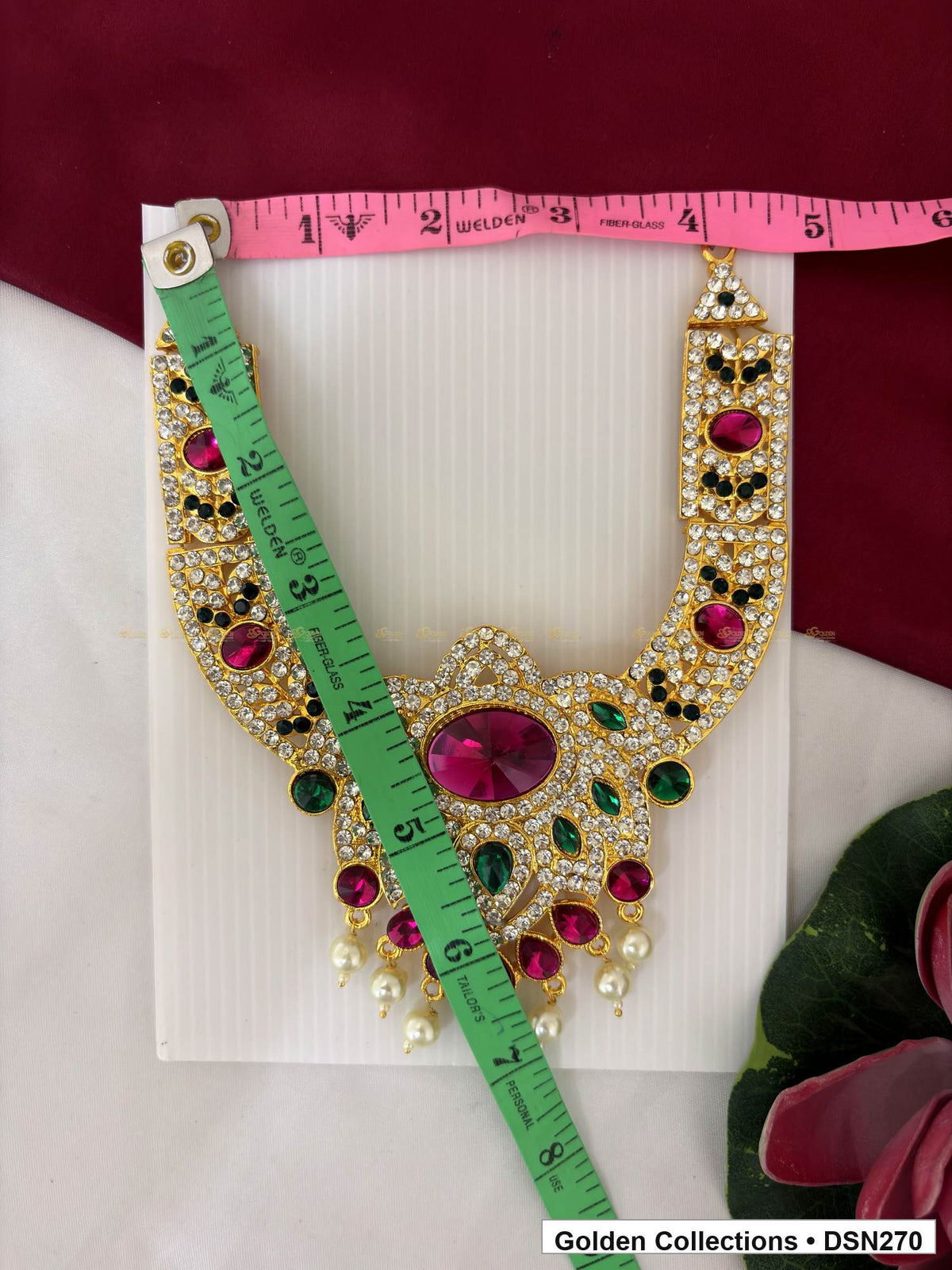 Alternate product view of Magenta Oval Center Green Leaf Fringe Deity Short Necklace for Idol Alankaram for deity idol alankaram