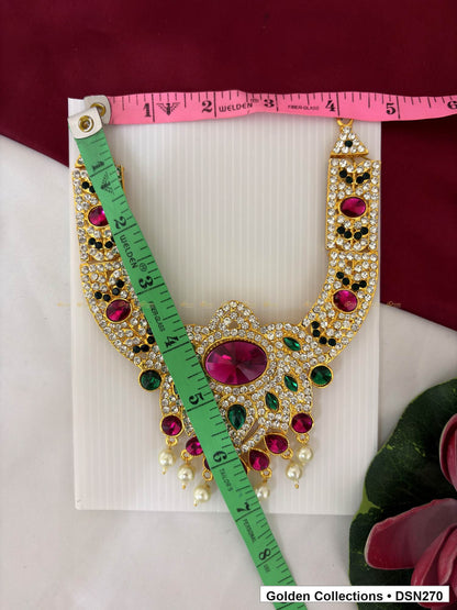 Alternate product view of Magenta Oval Center Green Leaf Fringe Deity Short Necklace for Idol Alankaram for deity idol alankaram