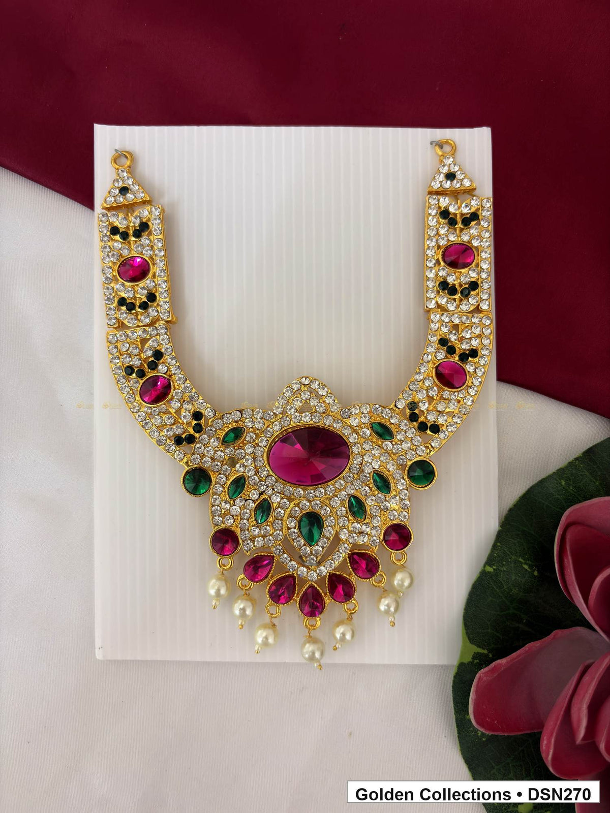 Magenta Oval Center Green Leaf Fringe Deity Short Necklace for Idol Alankaram full product view for deity idol alankaram
