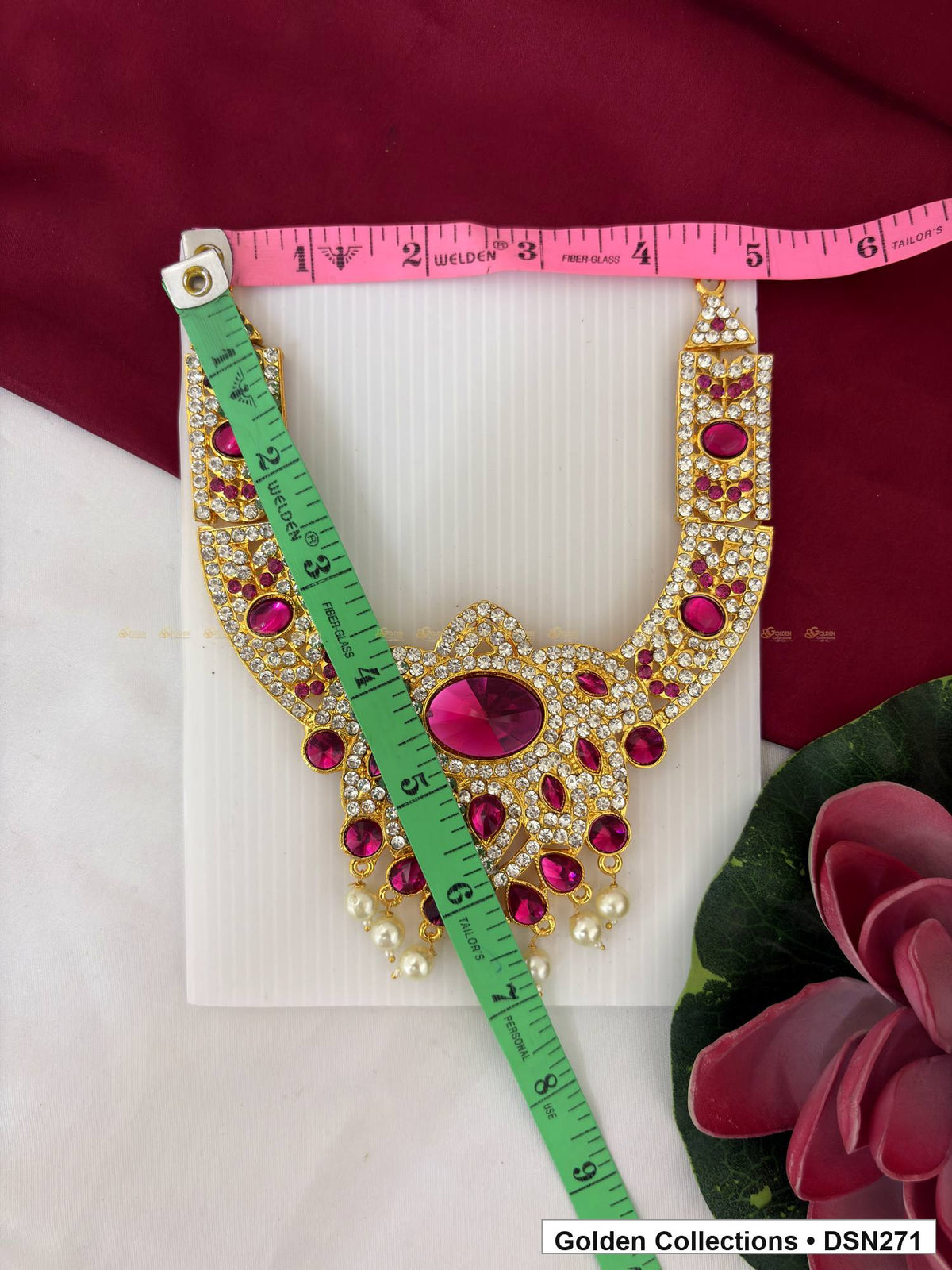 Alternate product view of Magenta Oval Center Teardrop Fringe Deity Short Necklace for Idol Alankaram for deity idol alankaram