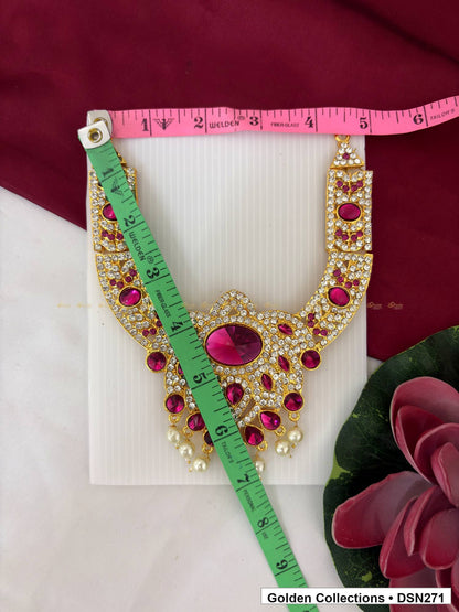 Alternate product view of Magenta Oval Center Teardrop Fringe Deity Short Necklace for Idol Alankaram for deity idol alankaram