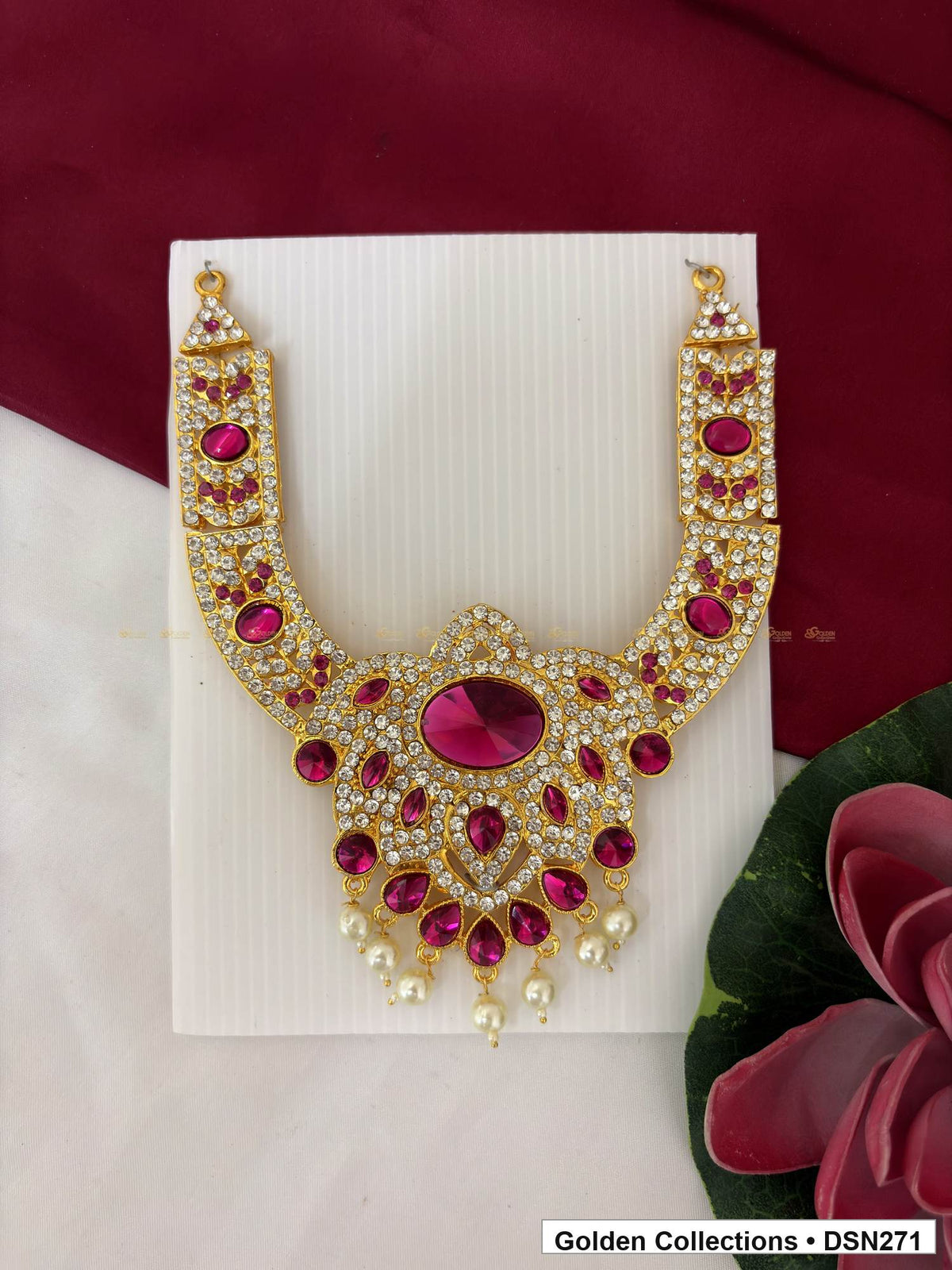 Magenta Oval Center Teardrop Fringe Deity Short Necklace for Idol Alankaram full product view for deity idol alankaram