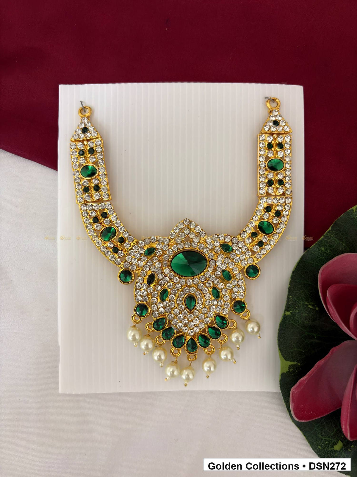 Green Oval Center Teardrop Lattice Deity Short Necklace for Idol Alankaram full product view for deity idol alankaram