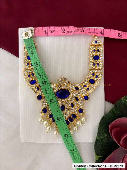 Alternate product view of Blue Oval Center Teardrop Lattice Deity Short Necklace for Idol Alankaram for deity idol alankaram