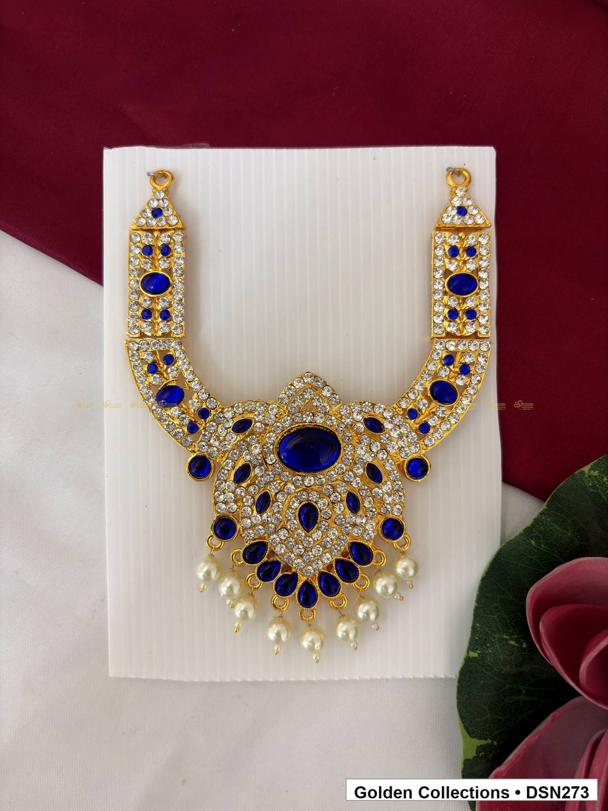 Blue Oval Center Teardrop Lattice Deity Short Necklace for Idol Alankaram full product view for deity idol alankaram