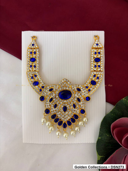 Blue Oval Center Teardrop Lattice Deity Short Necklace for Idol Alankaram full product view for deity idol alankaram