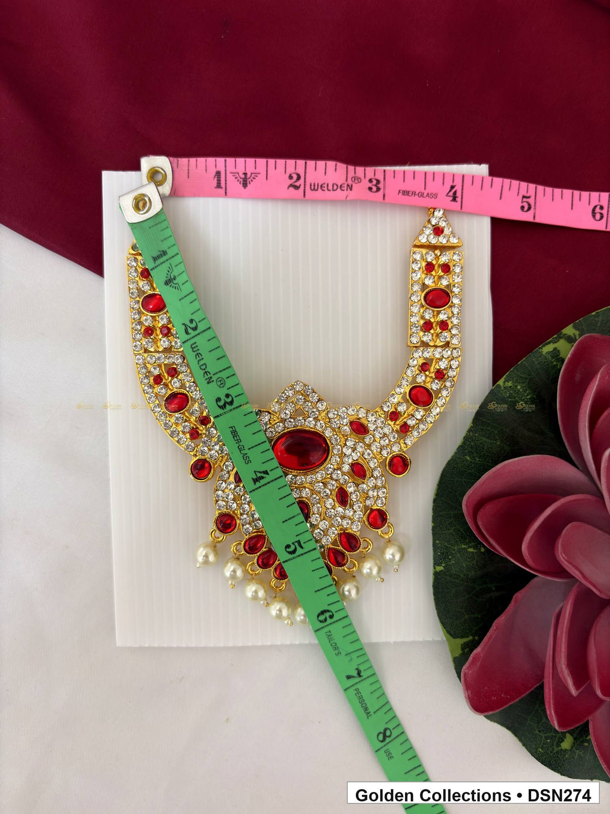 Alternate product view of Magenta Oval Center Teardrop Lattice Deity Short Necklace for Idol Alankaram for deity idol alankaram