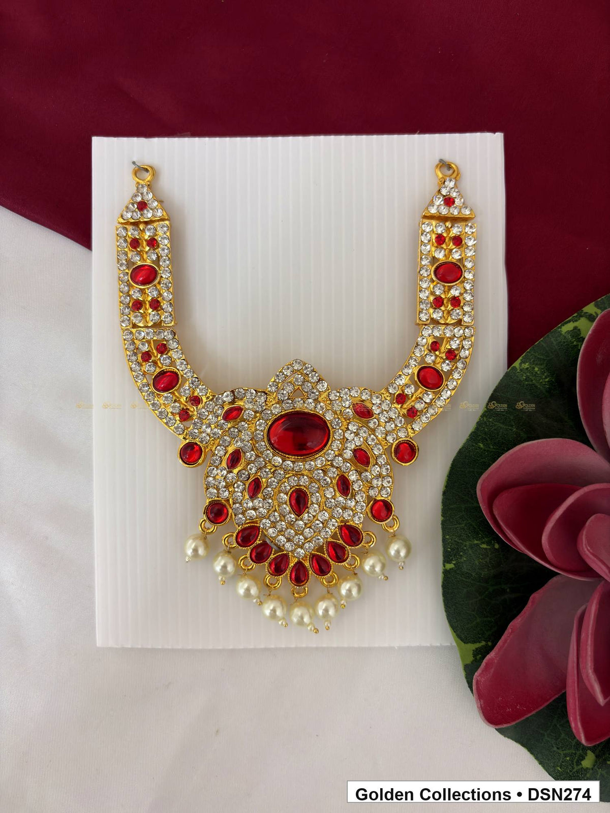 Magenta Oval Center Teardrop Lattice Deity Short Necklace for Idol Alankaram full product view for deity idol alankaram
