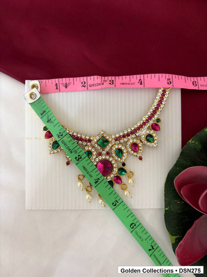 Alternate product view of Alternating Green and Magenta Teardrop Fringe Deity Short Necklace for Idol Alankaram for deity idol alankaram