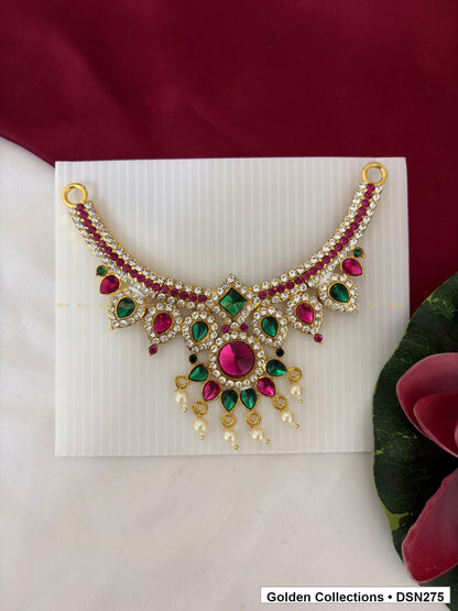 Alternating Green and Magenta Teardrop Fringe Deity Short Necklace for Idol Alankaram full product view for deity idol alankaram