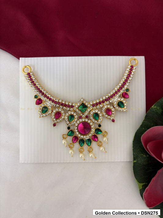 Alternating Green and Magenta Teardrop Fringe Deity Short Necklace for Idol Alankaram full product view for deity idol alankaram