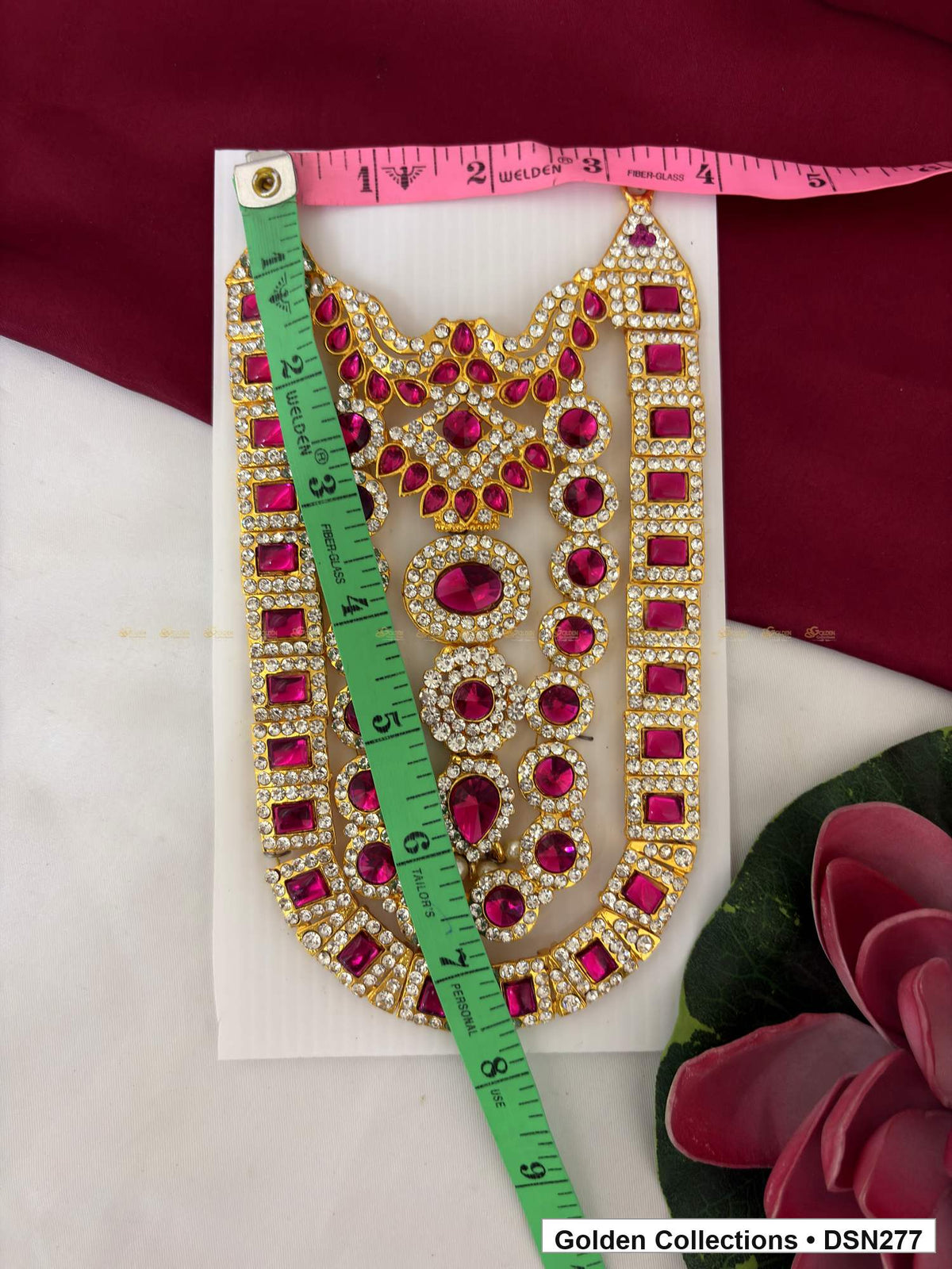 Magenta Rectangle Border Layered Bib Deity Short Necklace for Idol Alankaram full product view for deity idol alankaram
