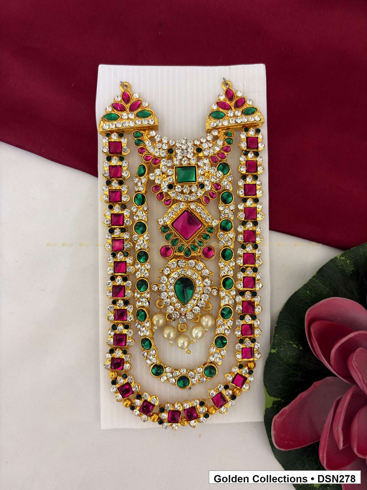 Alternate product view of Magenta Diamond and Green Teardrop Bib Deity Short Necklace for Idol Alankaram for deity idol alankaram
