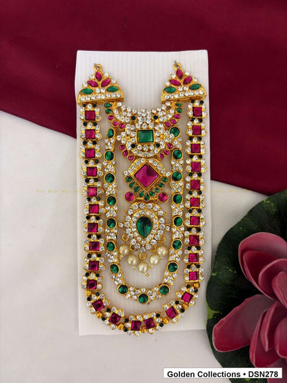 Alternate product view of Magenta Diamond and Green Teardrop Bib Deity Short Necklace for Idol Alankaram for deity idol alankaram