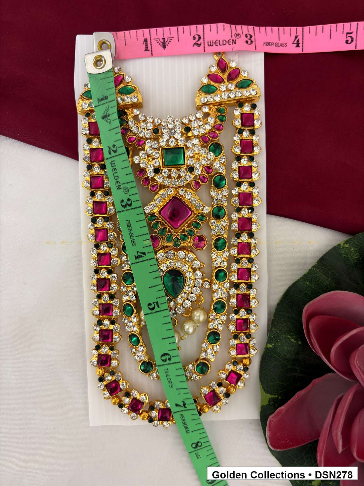 Magenta Diamond and Green Teardrop Bib Deity Short Necklace for Idol Alankaram full product view for deity idol alankaram