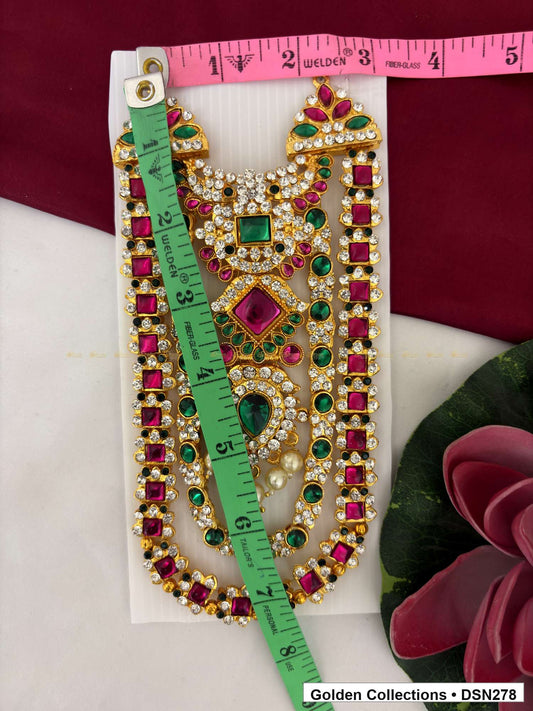 Magenta Diamond and Green Teardrop Bib Deity Short Necklace for Idol Alankaram full product view for deity idol alankaram
