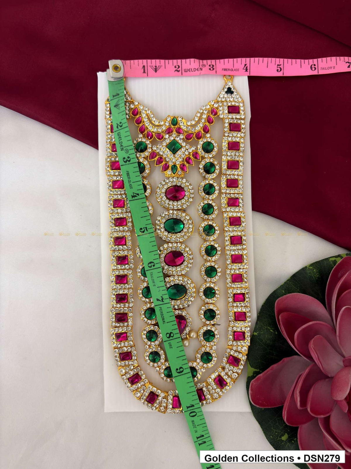 Alternate product view of Alternating Green and Magenta Oval Bib Deity Short Necklace for Idol Alankaram for deity idol alankaram