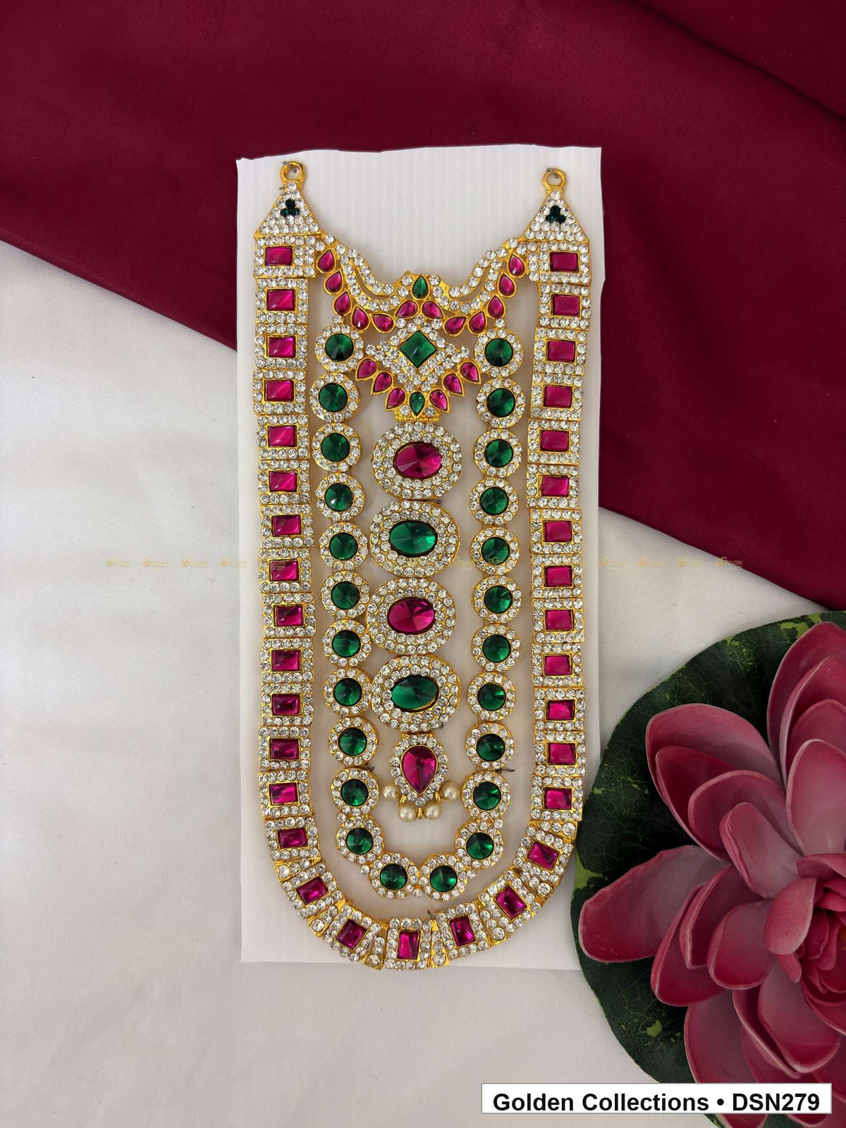 Alternating Green and Magenta Oval Bib Deity Short Necklace for Idol Alankaram full product view for deity idol alankaram
