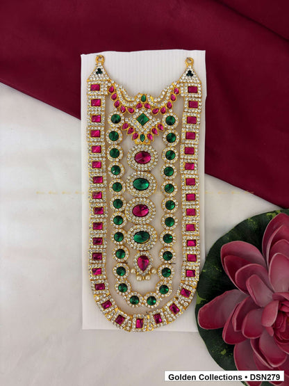 Alternating Green and Magenta Oval Bib Deity Short Necklace for Idol Alankaram full product view for deity idol alankaram