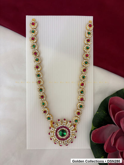 Green Center Circular Halo Pendant Deity Short Necklace for Idol Alankaram full product view for deity idol alankaram