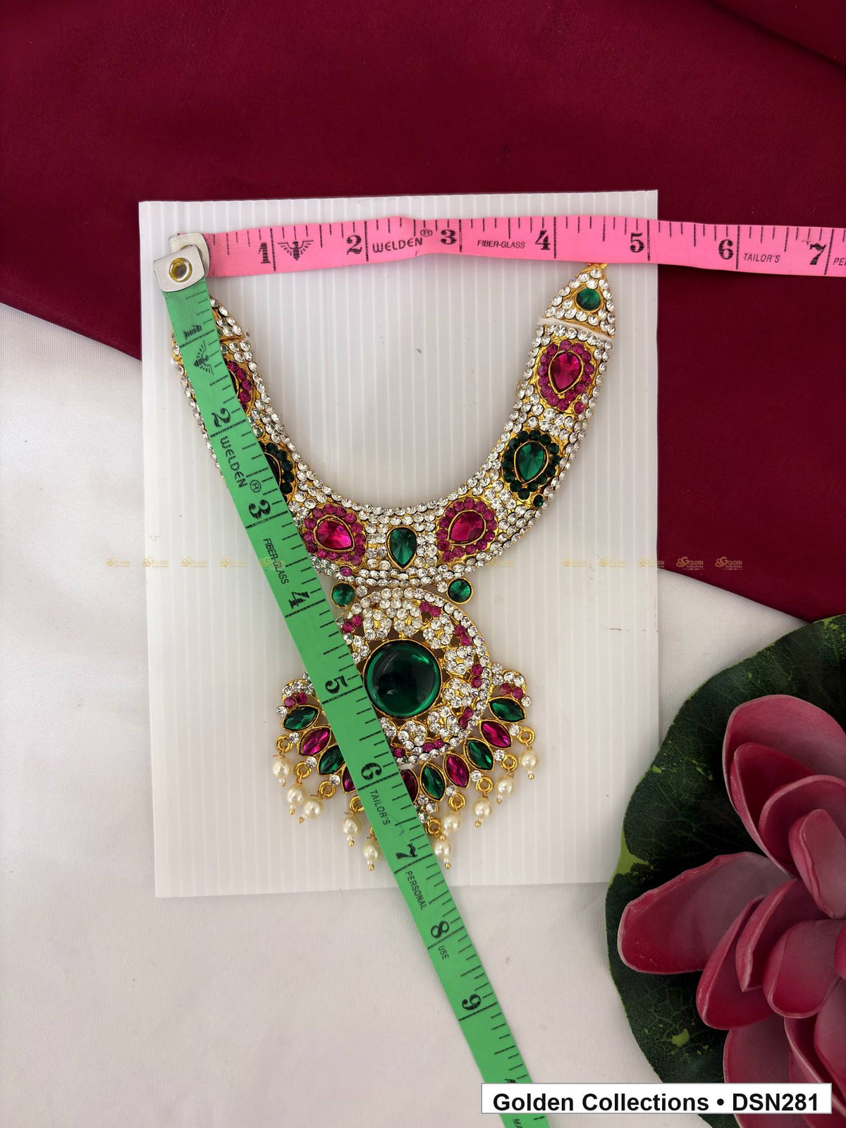 Alternate product view of Green Oval Fan Fringe Pendant Deity Short Necklace for Idol Alankaram for deity idol alankaram