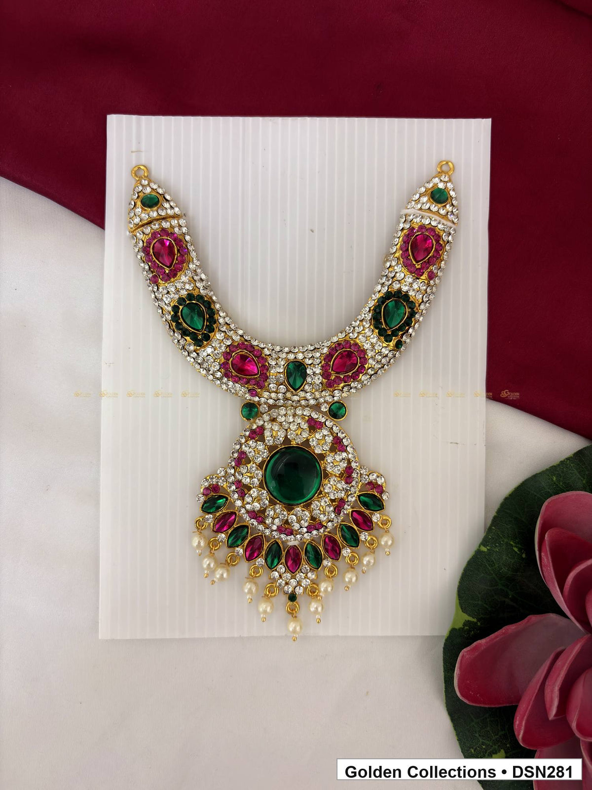 Green Oval Fan Fringe Pendant Deity Short Necklace for Idol Alankaram full product view for deity idol alankaram