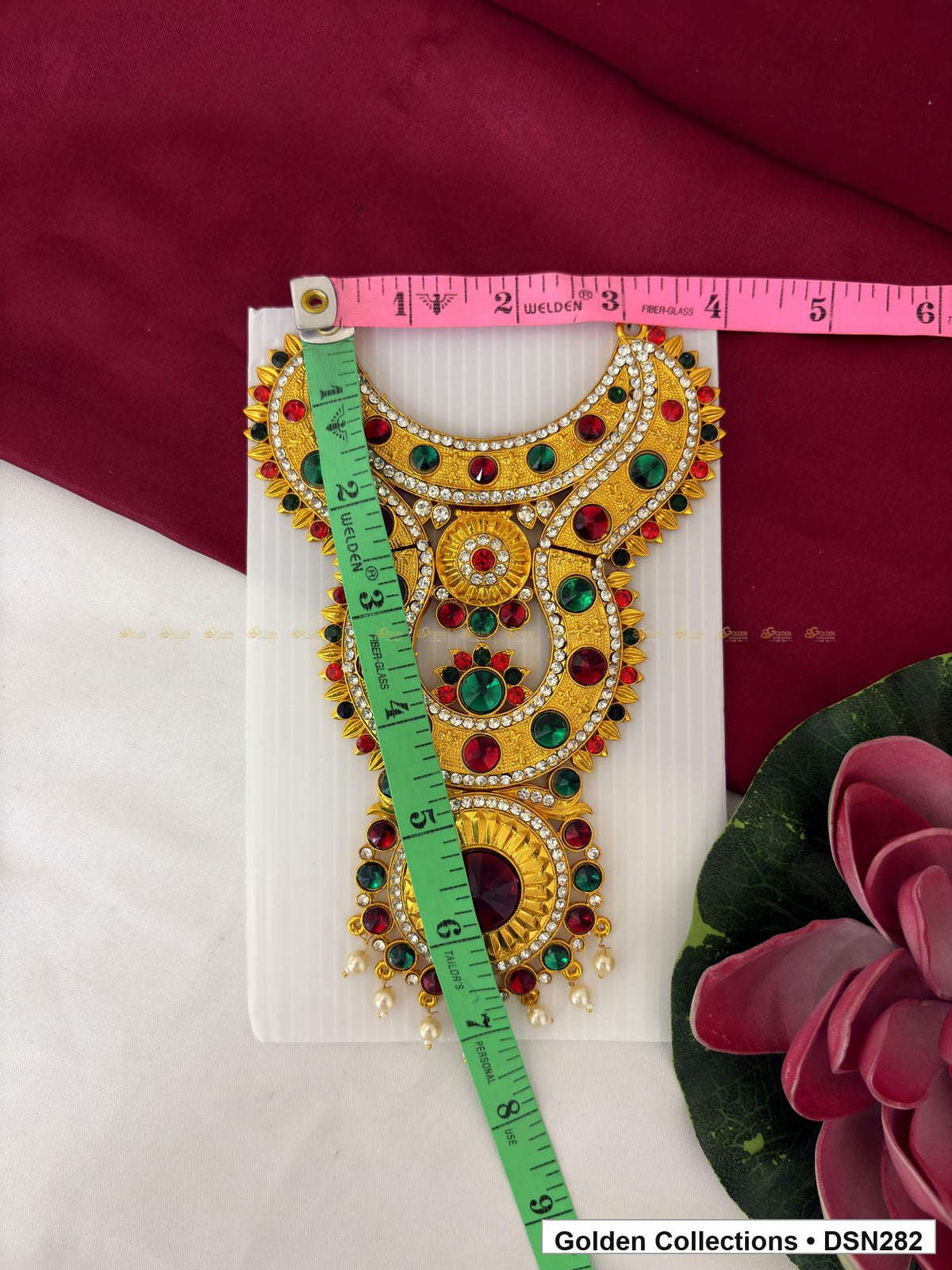Alternate product view of Red and Green Layered Sunburst Deity Short Necklace for Idol Alankaram for deity idol alankaram