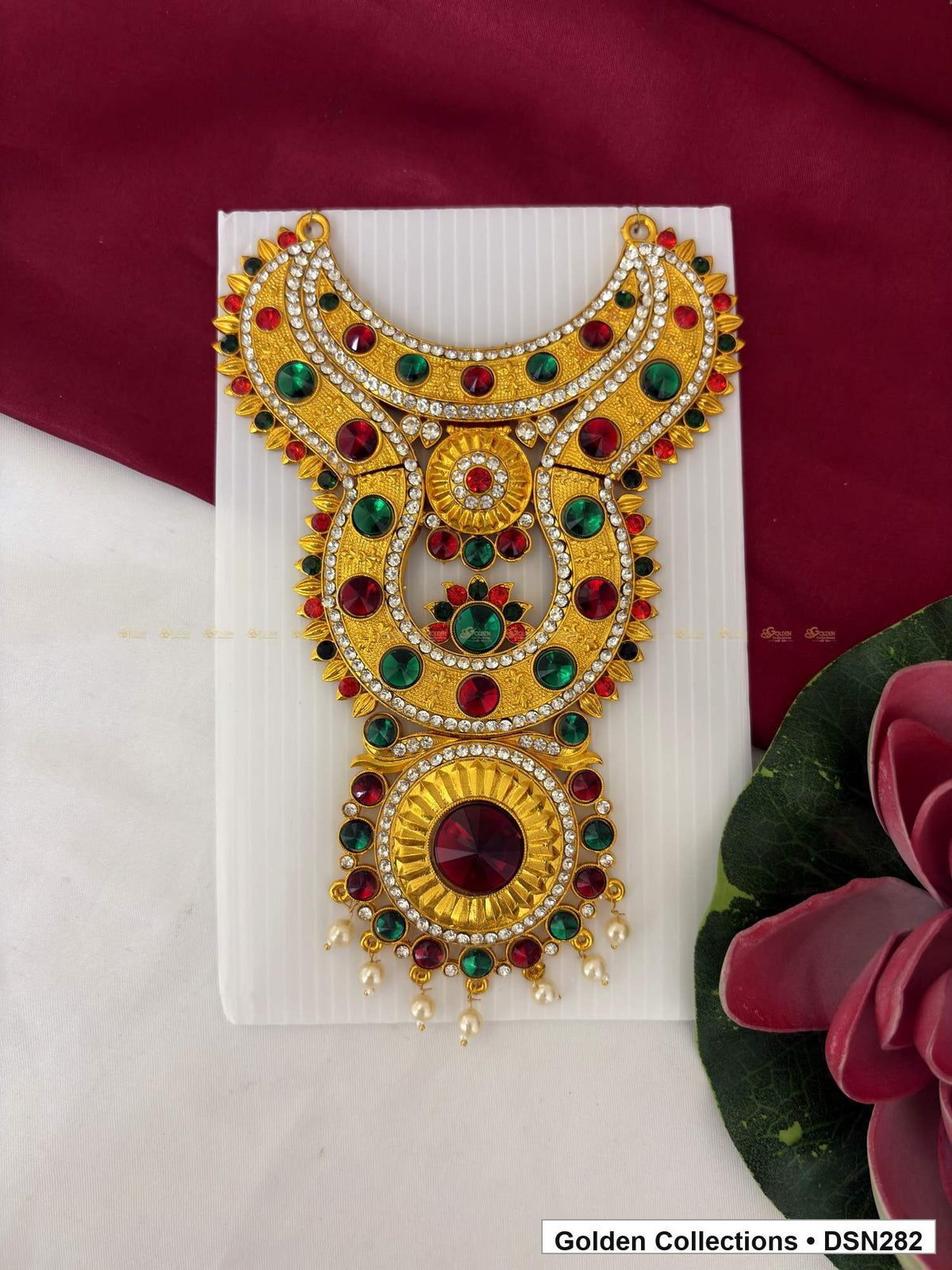 Red and Green Layered Sunburst Deity Short Necklace for Idol Alankaram full product view for deity idol alankaram