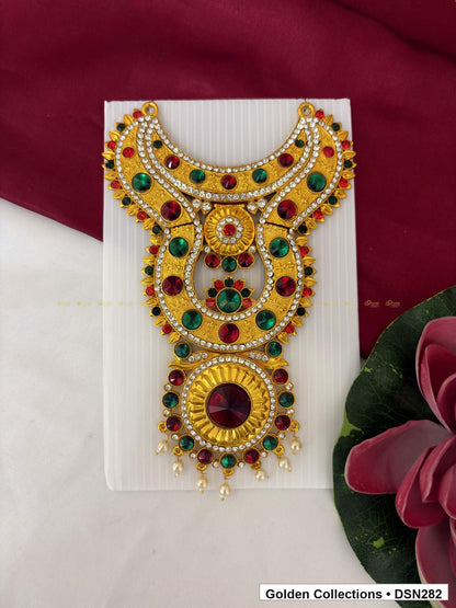 Red and Green Layered Sunburst Deity Short Necklace for Idol Alankaram full product view for deity idol alankaram