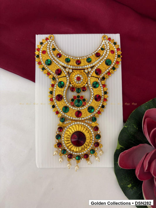 Red and Green Layered Sunburst Deity Short Necklace for Idol Alankaram full product view for deity idol alankaram