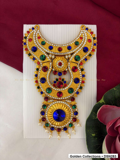 Blue-Center Multicolor Floral Sunburst Deity Short Necklace for Idol Alankaram full product view for deity idol alankaram