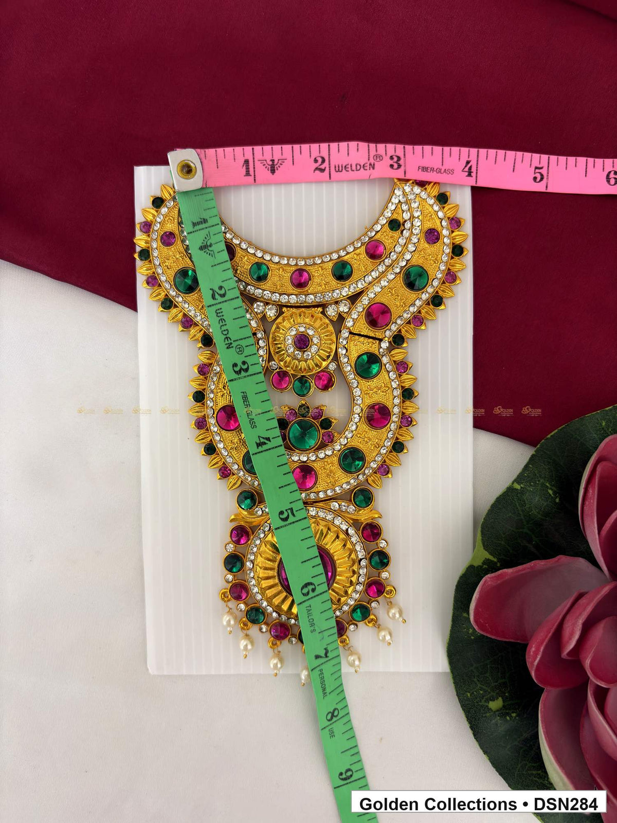 Alternate product view of Pink-Red and Green Round Sunburst Deity Short Necklace for Idol Alankaram for deity idol alankaram