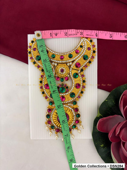 Alternate product view of Pink-Red and Green Round Sunburst Deity Short Necklace for Idol Alankaram for deity idol alankaram