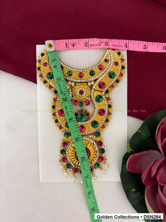 Alternate product view of Pink-Red and Green Round Sunburst Deity Short Necklace for Idol Alankaram for deity idol alankaram