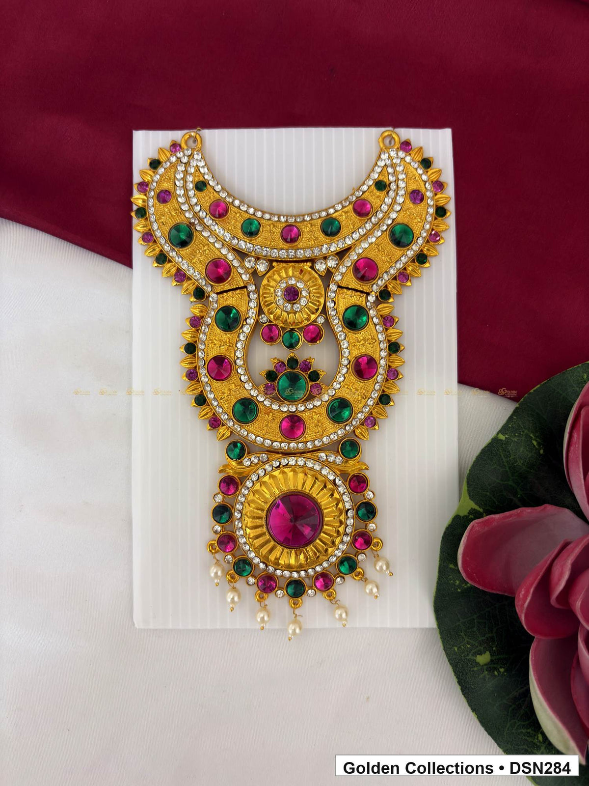 Pink-Red and Green Round Sunburst Deity Short Necklace for Idol Alankaram full product view for deity idol alankaram
