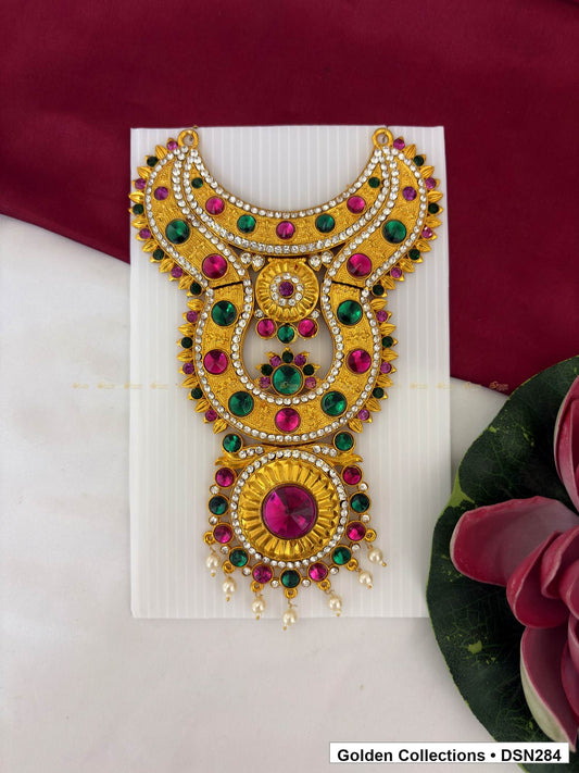 Pink-Red and Green Round Sunburst Deity Short Necklace for Idol Alankaram full product view for deity idol alankaram