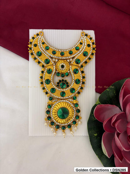 Blue and Green Graduated Arch Medallion Deity Short Necklace for Idol Alankaram full product view for deity idol alankaram